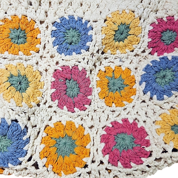 Zara Bohemian Bright Floral Embroidered Crochet Bag Faux Fur Fringe Handles - Picture 3 of 8